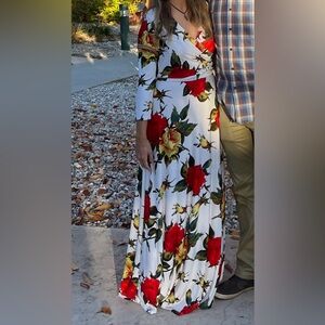 Tua floral maxi dress! 3/4 sleeves, white with red and yellow flowers